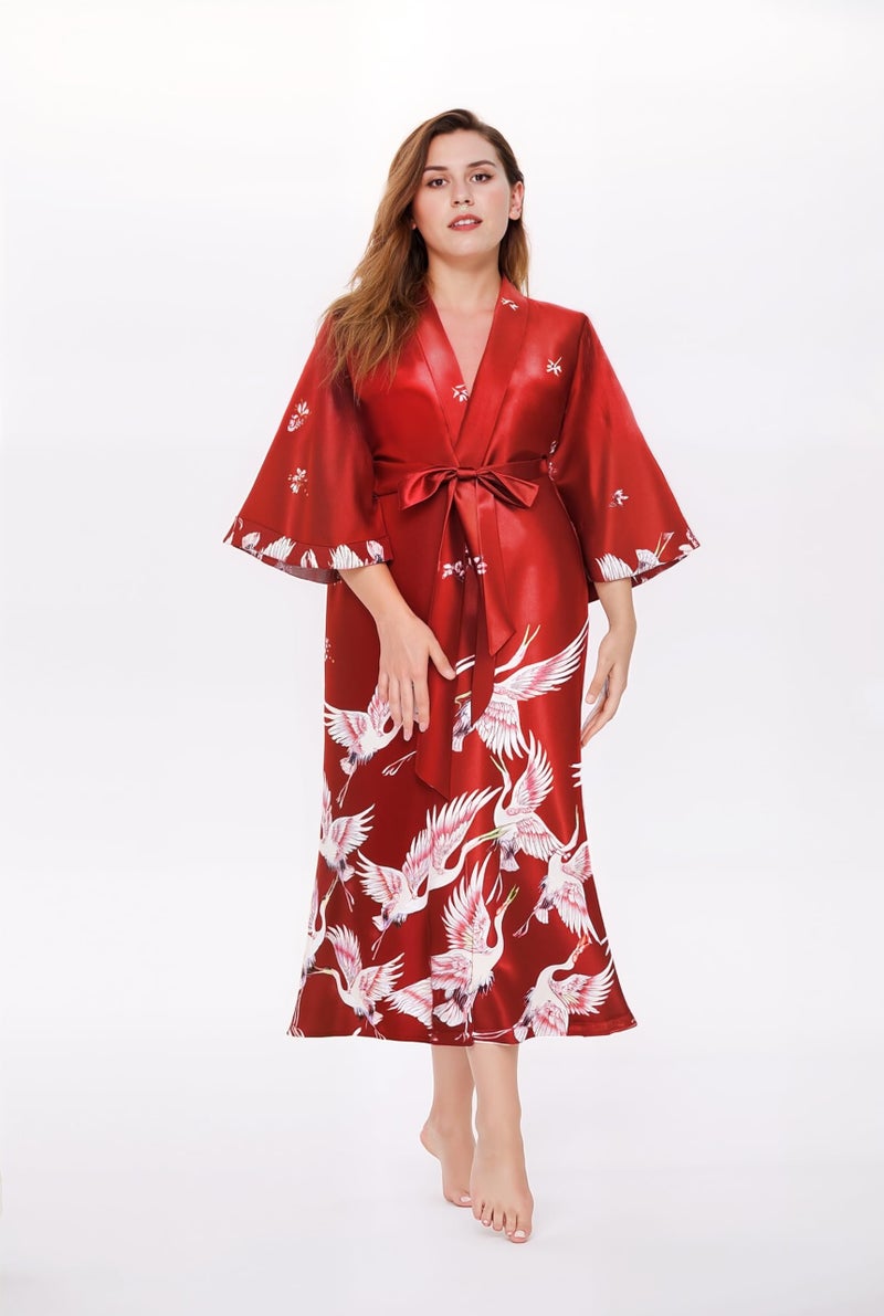PRODESIGN Long Kimono Robe Satin Sleepwear Blouse Bathrobe Nightgown Silky Crane Kimono Cardigan Robe - Image 5